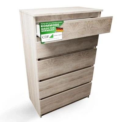 Abbildung von CDF Kommode Malwa M5 Farbe: Eiche Sonoma Schrank für Dokumente, Kleinigkeiten Ideal Wohnzimmer, Schlafzimmer, Kinderzimmer, Jugendzimmer und Büro 5 geräumige Schubladen