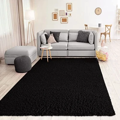 Abbildung von VIMODA Prime Shaggy Teppich Schwarz Hochflor Langflor Teppiche Modern, Maße:Ø 160 cm Rund