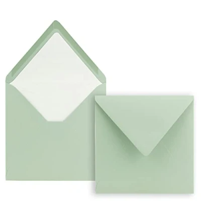 Abbildung von 75x Briefumschläge Quadratisch 16 x cm Eukalyptus Umschläge mit weißem Seidenfutter Kuverts ohne Fenster &amp; Nassklebung Für Einladungskarten zu Hochzeit und Geburtstag