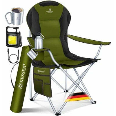 Abbildung von KESSER® Campingstuhl faltbar bis 150 kg Angelstuhl Faltstuhl Klappstuhl Gepolstert mit Armlehnen, Campinglicht und Getränkehalter + Tasche hoher Rückenlehne, Strandstuhl, Klapphocker, Khaki