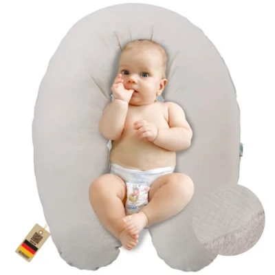 Abbildung von sei Design Musselin Stillkissen XXL 190x30 Öko Tex Ergonomisches Schwangerschaftskissen Lagerungskissen aus 100% Baumwolle &amp; Taddyplüsch