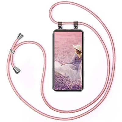 Abbildung von moex Handykette kompatibel mit Samsung Galaxy S23 Ultra Hülle Band Längenverstellbar, Handyhülle zum Umhängen, Silikon Case Transparent Kordel Schnur abnehmbar in Rosegold