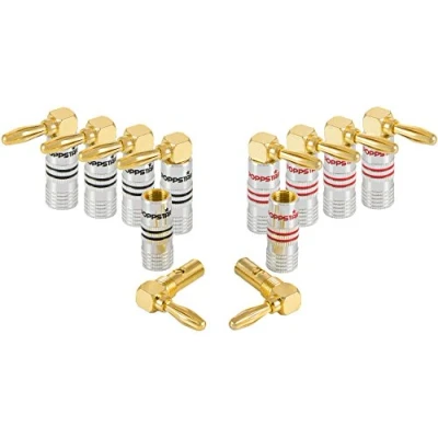 Abbildung von Poppstar High End Bananenstecker gewinkelt für Lautsprecherkabel (bis 6 mm) Audio Adapter Bananenstecker, Lautsprecher, AV Receiver (vergoldete Kontakte, 5x schwarz rot)