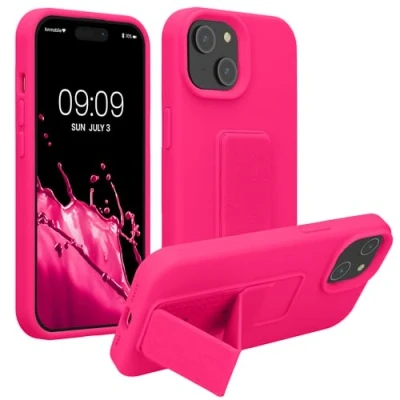 Abbildung von kwmobile Handyhülle kompatibel mit iPhone 15 Hülle Fingerhalter und Standfunktion Silikon Case Handy Cover in Neon Pink