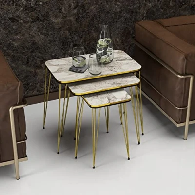 Abbildung von en.casa Satztisch, Rudkøbing Satztisch mit Hairpinlegs in 3er Set Marmor, weiß/Gold