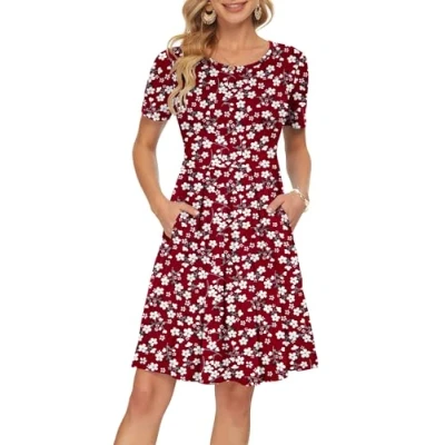 Abbildung von AUSELILY Damen Kurzarm Plissee Loose Swing Freizeitkleid mit knielangen Taschen Rote Blumen M