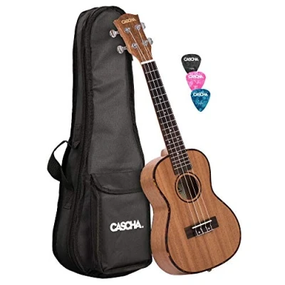 Abbildung von Cascha Konzert Ukulele Set Kinder Erwachsene I Starter Kit 3 farbige Plektren Tasche Konzertbag Premium Mahagoni Kleine Hawaii Gitarre für Anfänger Fortgeschrittene