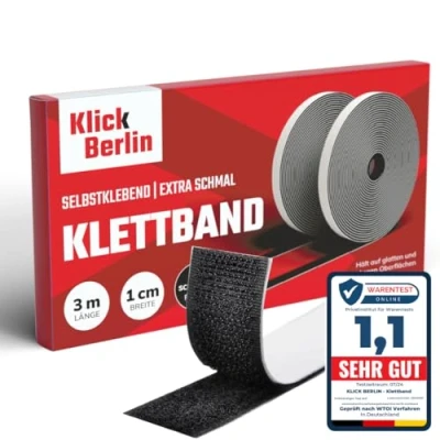 Abbildung von Klick Berlin Klettband Selbstklebend 1 cm x 3 m Extra schmal Klett Klebeband klebt auf vielen Flächen Klettverschluss 10 mm breit, Meter lang