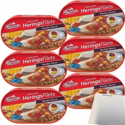 Abbildung von Hawesta Heringsfilets Mexiko Sauce MSC 6er Pack (6x200g Dose) + usy Block