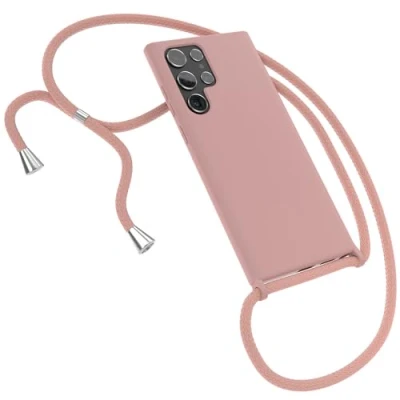 Abbildung von EAZY CASE Schutzhülle mit Handykette kompatibel Samsung Galaxy S22 Ultra 5G Kameraschutz und Bildschirmschutz, TPU Silikon Bumper, in Kombi Alt Rosa Handyband Clips Silber