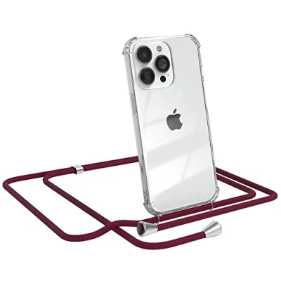 Abbildung von EAZY CASE Handykette kompatibel mit iPhone 13 Pro Handyhülle Umhängeband, Handykordel Schutzhülle, Silikonhülle, Hülle Band, Stylische Kette für Smartphone, Burgunder Rot