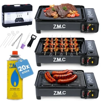 Abbildung von Z.M.C 2 in 1 tragbarer Campingkocher und Gasgrill Klein inkl. Grillzubehör Set Koffer + 20x Gaskartuschen 227g, Balkon Tischgrill Gaskocher 2,2 kW mit LPG Anschluss für Camping, Outdoor indoor