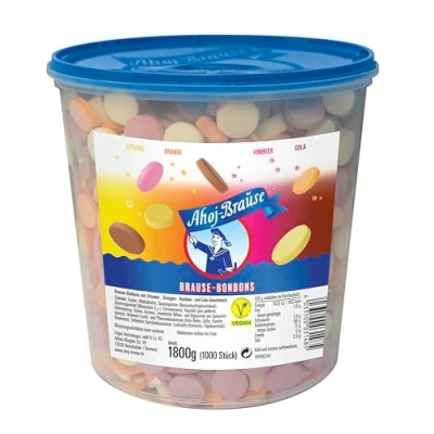 Abbildung von Frigeo Ahoj Brause, Die Klassiker: runde Bonbons in den vier Geschmacksrichtungen Zitrone, Orange, Himbeere und Cola, 1000 Stück im Eimer (1,8kg)