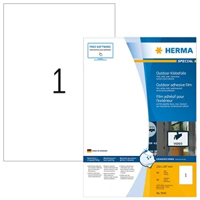 Abbildung von HERMA 9543 Wetterfeste Folienetiketten, 560 Blatt, 210 x 297 mm, 1 pro A4 Bogen, Stück, selbstklebend, bedruckbar, matt, blanko Outdoor Klebeetiketten Aufkleber aus Polyethylen, weiß