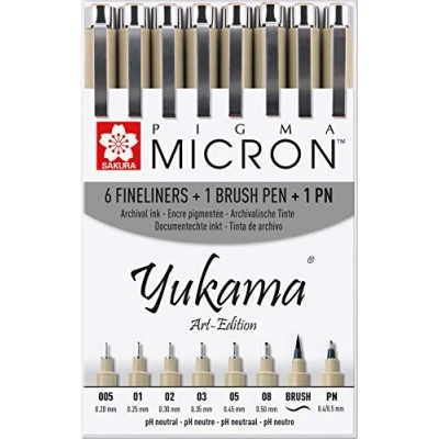 Abbildung von Yukama Sakura Pigma Art Edition 8er Set, 6 Micron Fineliner + 1 Brush Pinselstift PN Stift, Schwarz