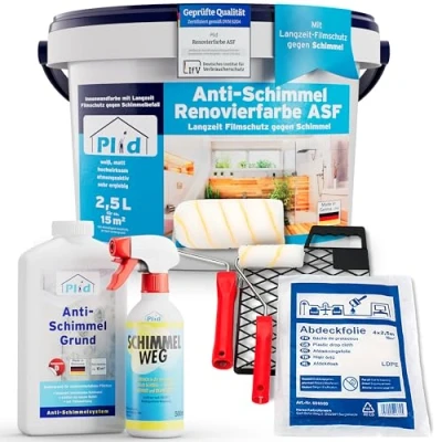 Abbildung von Plid® Anti Schimmel Renovierfarbe Innen weiß 2,5L inkl. Streichset 6 tlg + [SANIER SET] Antischimmelfarbe für feuchte Räume, Bad &amp; Küche Wandfarbe Langzeitschutz gegen Schimmelbefall