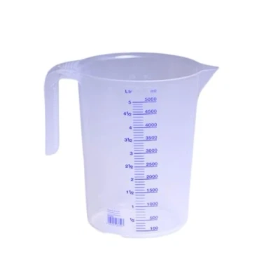 Abbildung von hünersdorff Messbecher 5l Polypropylen (PP) bruchsicher und spülmaschinengeeignet offener Griff blaue Skala, Transparente