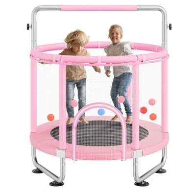 Abbildung von VEVOR Kindertrampolin Trampolin Mini Freizeittrampolin 147 cm für Kleinkinder einstellbar mit Sicherheitsnetz &amp; Basketballkorb, Geburtstagsgeschenk Weihnachtsspielzeug Kinder ab 3 Jahren Rosa