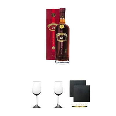 Abbildung von Ron Centenario 20 Jahre Fundacion Costa Rica 0,7 Liter + 2 Bugatti Nosing Gläser mit Eichstrich 2cl und 4cl Schiefer Glasuntersetzer eckig ca. 9,5 cm Ø