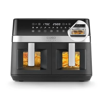 Abbildung von CASO AirFry DuoChef Heißluftfritteuse mit 2 Kammern, 14L Volumen, nahezu fettfrei, Air Fryer 10 Programmen, 50 200C, Timer, Sichtfenster, SHAKE Reminder, spülmaschinenfeste Körbe