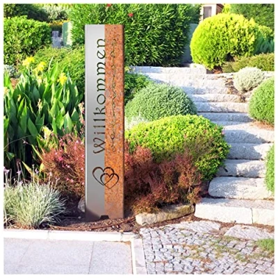 Abbildung von tuning art EW100 Gartenstecker Gartenschild Willkommen Edelrost Garten Deko Abkantung 120cm x 21cm, Motiv:Traditionell