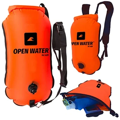 Abbildung von OPENWATER aufblasbare Schwimmboje und 3 in 1 Rucksack — große Boje mit Trockentasche für Dinge 28L Triathlonboje