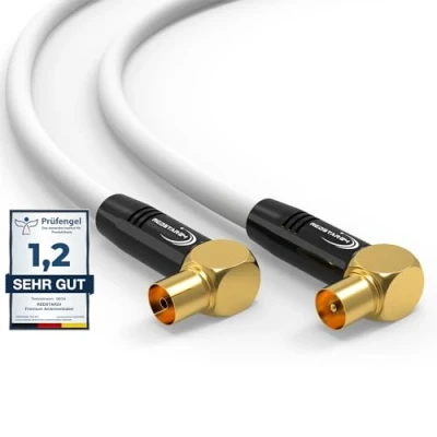 Abbildung von RedStar24 Antennenkabel 10m Weiß 90 Gewinkelt Koaxial Stecker zu Buchse Premium HDTV Koaxialkabel für Kabelfernsehen TV Kabel: Kompatibel mit TV, Radio, DVB T/T2, C, DAB