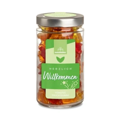 Abbildung von Herzlich Willkommen 530g Fruchtgummi XL Willkommensgeschenk Das perfekte Geschenk für einen herzlichen Empfang Mitarbeitergeschenk Taufe Geburt Leckere Gummibärchen im Vorratsglas