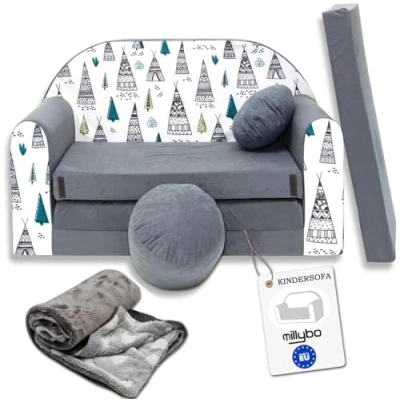 Abbildung von millybo Kindersofa Kinder Couch mit Schlaffunktion ausklappbar 3in1 Sofa Spielsofa Bettfunktion Mädchen Jungen Sitzsack Minisofa Schlafsofa Kinderzimmer Schlafsessel Grau AJ3
