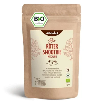 Abbildung von Roter Smoothie Mischung Bio 250g mit Hagebuttenpulver, Gerstengraspulver, Traubenkernmehl, Kurkumapulver, Baobabpulver, Camu Pulver vom Achterhof