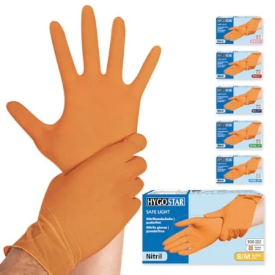 Abbildung von Franz Mensch Hygostar Nitrilhandschuhe Safe Light puderfrei, orange, 8/M, 24cm, 100 Stück, Einweghandschuhe, Einmalhandschuhe, in Gr. XS, S, M, L, XL &amp; XXL verfügbar
