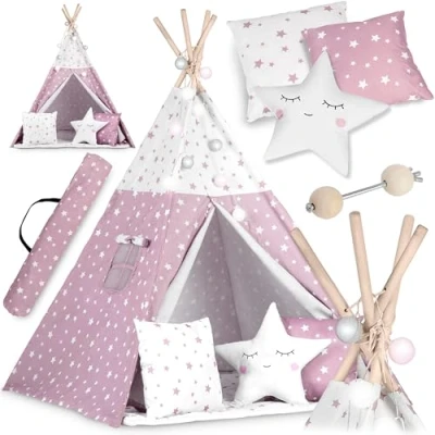 Abbildung von NUKIDO Kindertipi im Montessori Stil Baumwolle und Holzrahmen mit Isoliermatte 3 Kissen Girlande Luftig 120x120x165 cm Rosa Sternen