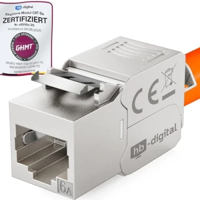 Abbildung von hb digital 1x CAT 6a Keystone RJ45 Modul Buchse für LAN Kabel GHMT Zertifiziert 10 Gbit/s bis 500 MHz AWG 22 24 werkzeuglos LSA vollgeschirmt STP Einbaubuchse Patchpanel und Netzwerkdose