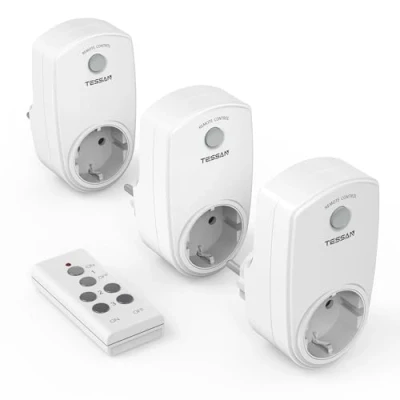 Abbildung von TESSAN Funksteckdosen mit Fernbedienung, 3 Set Steckdose 3600W Stecker, 25M Funkschalter, Kommt Batterie Funk Steckdosen, Weiß