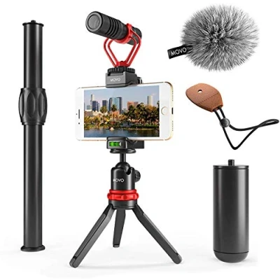 Abbildung von Movo VXR10+ Smartphone Video Rig mit Mini Stativ, Phone Grip und Mikrofon Kompatibel iPhone 13, 12, 11, 11 Pro, XS, XR, X, 8, 7, Android für YouTube, Tik Tok, Filmen, Vlogging