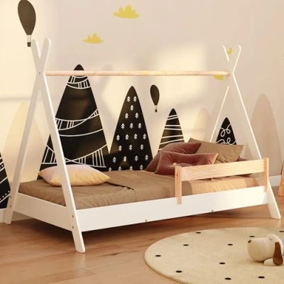 Abbildung von smartwood Tipi Kinderbett 90x200 mit Lattenrost und Rausfallschutz Montessori Hausbett für Jungen Mädchen Bett aus Kiefernsperrholz 200x90 Weiß