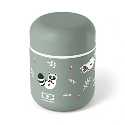 Abbildung von monbento Klein Thermobehälter für Essen Kinder MB Capsule Raccoon Waschbär Auslaufsicher &amp; Lebensmittelbehälter Lunchbox Hält Speisen bis zu 5 Stunden Warm/Kalt Thermo Grün
