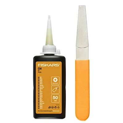 Abbildung von Fiskars Pflegeset für Gartenschneidgeräte, Mit Diamantfeile, Öl und Pflegeanleitung, 1001640, Schwarz / Orange Grau