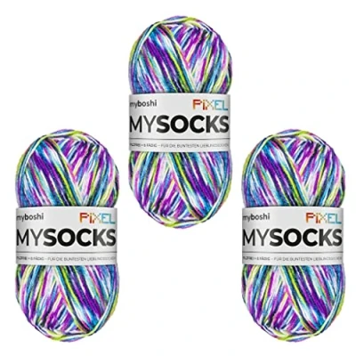 Abbildung von myboshi mysocks Pixel, 6 fädige Sockenwolle, strapazierfähig, Garn aus Schurwolle, filzfrei, 150g, Ll 390m Lila (Dotty) 3 Knäuel