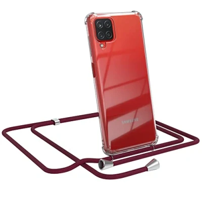 Abbildung von EAZY CASE Handykette kompatibel mit Samsung Galaxy A12 Handyhülle Umhängeband, Handykordel Schutzhülle, Silikonhülle, Hülle Band, Stylische Kette für Smartphone, Burgunder Rot