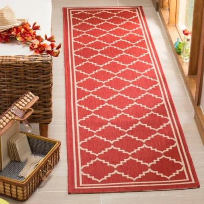 Abbildung von SAFAVIEH Geometrisch Teppich für Wohnzimmer, Esszimmer, Schlafzimmer Courtyard Collection, Kurzer Flor, Rot und Beige, 69 X 244 cm