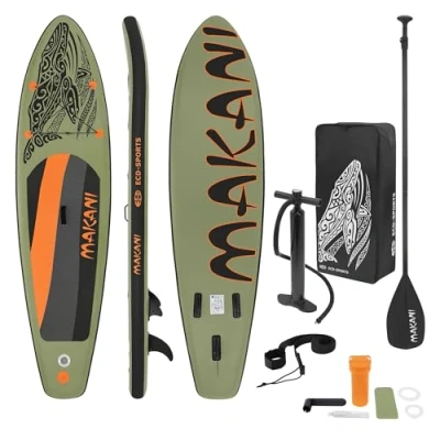 Abbildung von ECD Germany Aufblasbares Stand Up Paddle Board Makani 320 x 80 15 cm Olive PVC bis 120 kg Pumpe Tragetasche Zubehör SUP Paddling Paddelboard Surfboard Verschiedene Modelle