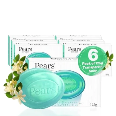 Abbildung von Pears Pure &amp; Gentle Transparente Seifenstücke mit natürlichen Ölen Erfrischende Reinigung, Tägliche Anwendung für Gesicht Körper, Alle Hauttypen, Männer Frauen 6er Pack, 125g