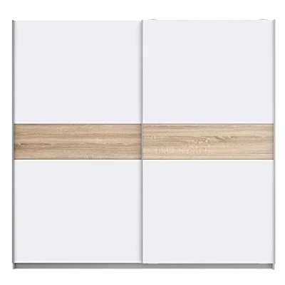 Abbildung von FORTE WINNER PLUS Schrank 220, Kleiderschrank Schwebetürenschrank Skandinavisch Schlafzimmer 2 türig Einlegeböden Kleiderstange, Weiß / Holzdekor: Sonoma Eiche, 220 cm breit x 210 hoch 61 tief