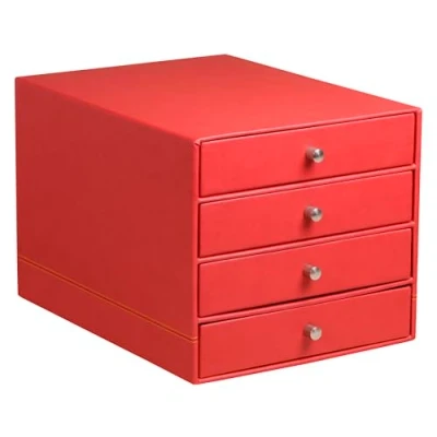 Abbildung von Rhodia 318963C Schubladenbox (mit 4 Schubladen, Griffe aus Metall, Kunstleder, elegant und praktisch, ideal für Ihr Büro oder zu Hause) 1 Stück, mohnrot