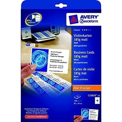 Abbildung von AVERY Zweckform C32010 10 Classic Visitenkarten, blanko (100 Stück, 185g, 85x54 mm, beidseitig bedruckbar, matt weiß, extra feine Mikroperforation, Blatt) zum Selbstbedrucken auf allen Druckern