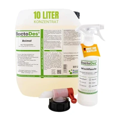 Abbildung von BactoDes Animal Geruchsneutralisierer 10L Konzentrat mit Spray Mischflasche Starker Enzymreiniger Katzenurin, Hundeurin &amp; Tiergerüche Effektiver Geruchsentferner bio Mikroben Wirkung