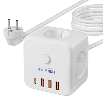 Abbildung von Bigfish 3 Fach Steckdosenleiste mit USB C, Mehrfachsteckdose 4 USB, Steckdosenwürfel Meter Kabel, Mehrfachstecker Schalter für Büro &amp; Zuhause