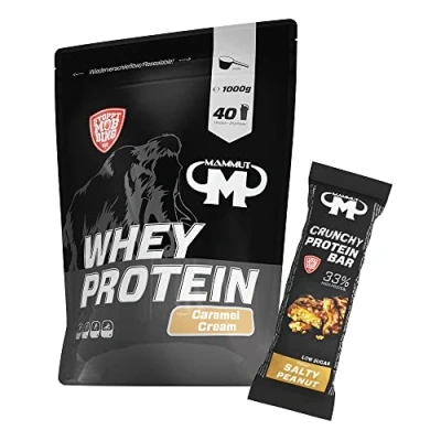 Abbildung von 1kg Mammut Whey Protein Eiweißshake Set inkl. Shaker, Riegel, Powderbank oder Tasse (Caramel Cream, Bar Salty Peanut)