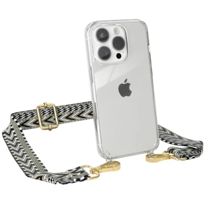 Abbildung von EAZY CASE Handykette mit verstellbarem Trageriemen für iPhone 15 Pro Taschengurt zum Wechseln transparenter Handyhülle Hülle dünner Schulterriemen in Grün Schwarz Gold